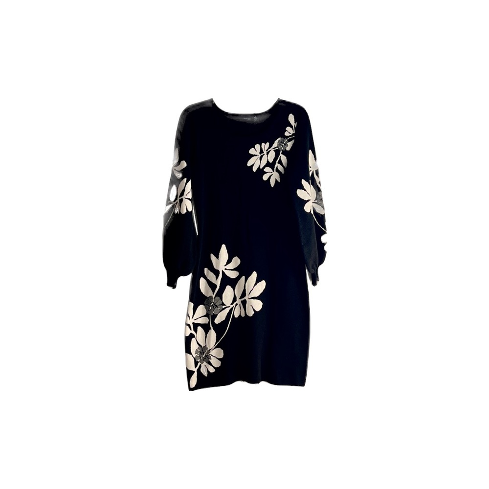 Nina Leonard Floral Balloon Sleeve Sheath Sweater Dress. Size S.